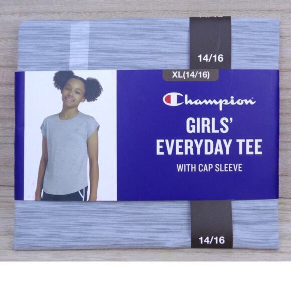 Champion Girls Everyday Gray Tee T Shirt With Cap Sleeves Girls Size XL 14/16